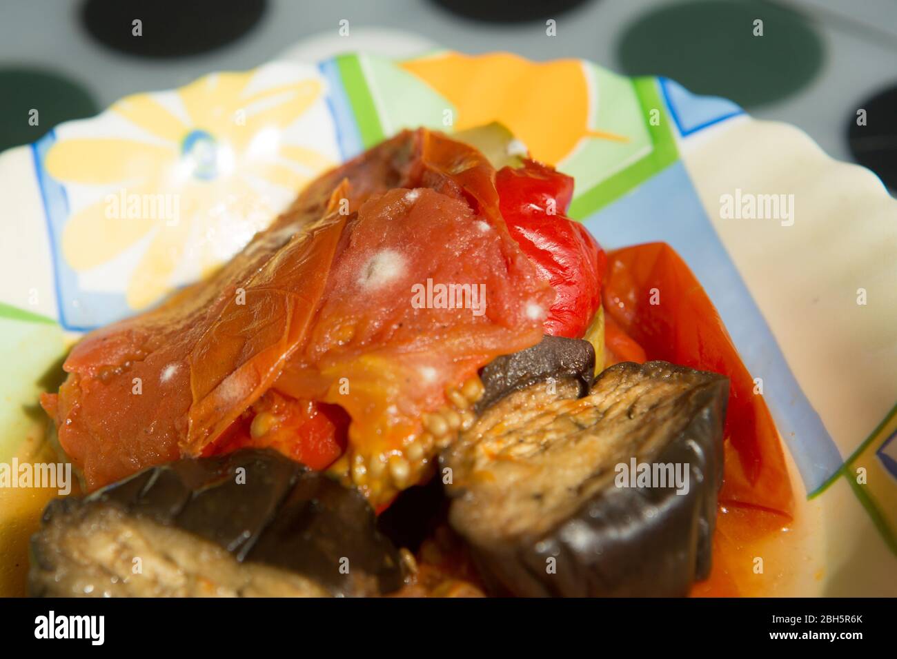 muffa su verdure stufate, cibo rovinato primo piano Foto Stock