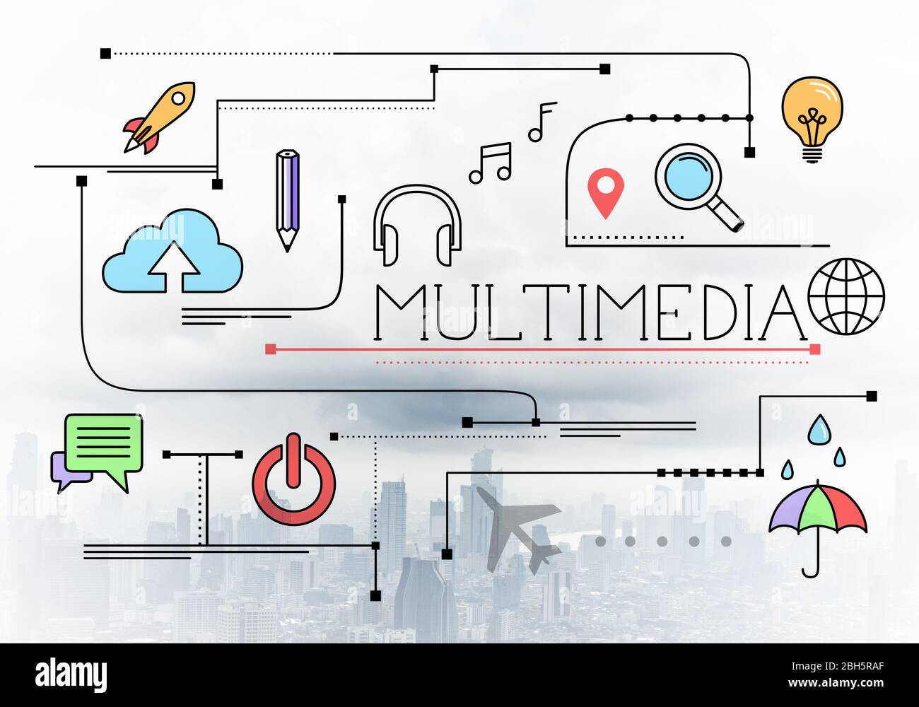 Contenuti multimediali disegno lineare con segni di media Foto Stock