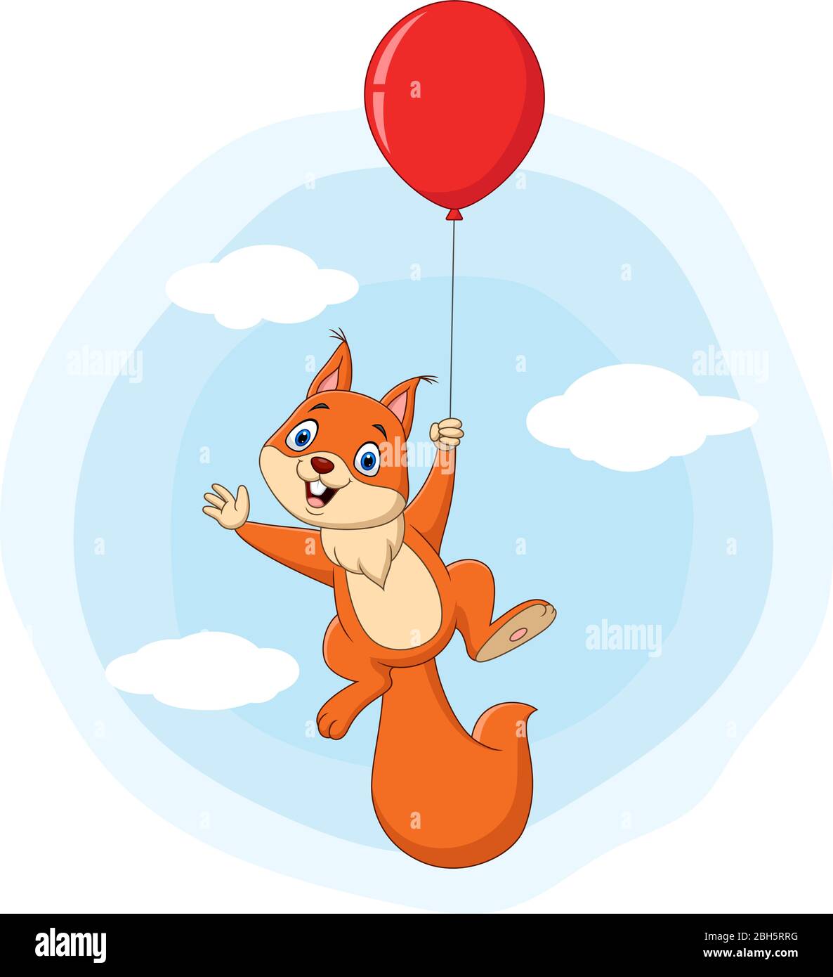 Simpatico scoiattolo cartone animato volare con palloncino Illustrazione Vettoriale