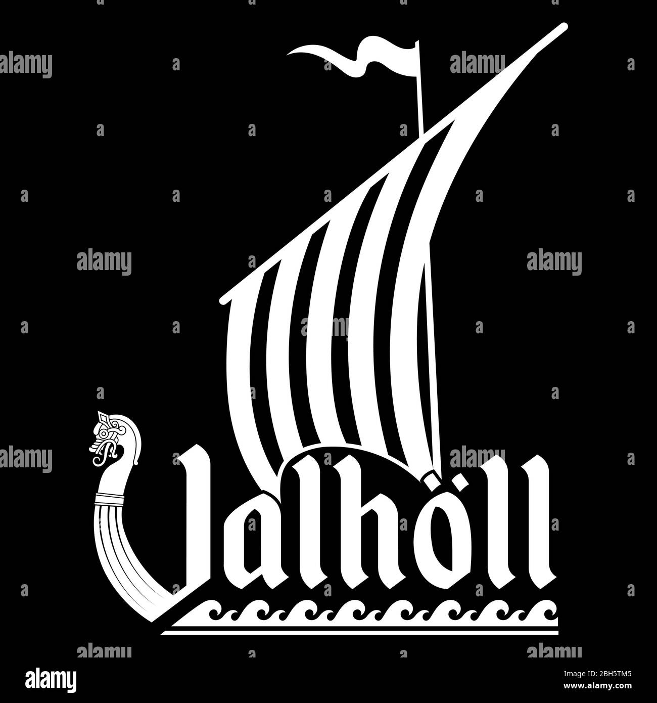 Un'antica immagine scandinava di una nave vichinga decorata con una testa di drago e l'iscrizione Valhalla Illustrazione Vettoriale