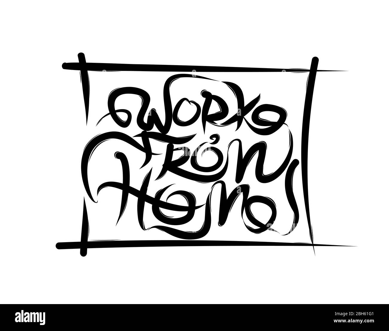 Testo con lettere Work from Home. Illustrazione vettoriale moderna di stile calligrafia. Foto Stock