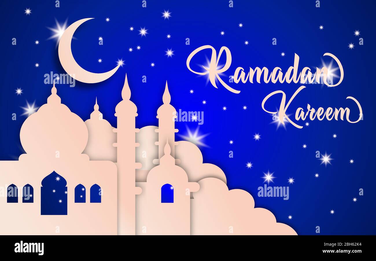 Ramadan kareem vettore, illustrazione della luna e moschea rosa con gradiente, su uno sfondo blu stellato. Illustrazione Vettoriale