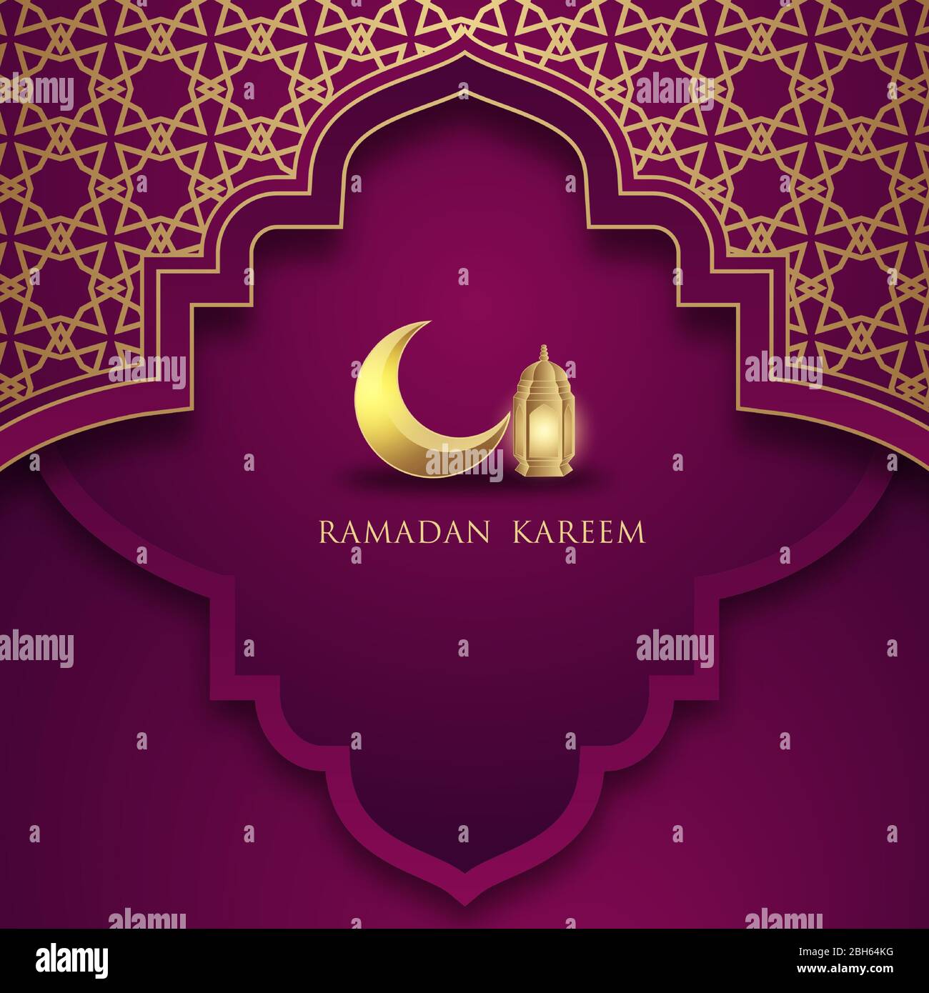 Bel Ramadan Kareem biglietto d'auguri design. Mese del digiuno per i musulmani. Con una luna dorata e lanterne dorate. Su sfondo viola Illustrazione Vettoriale