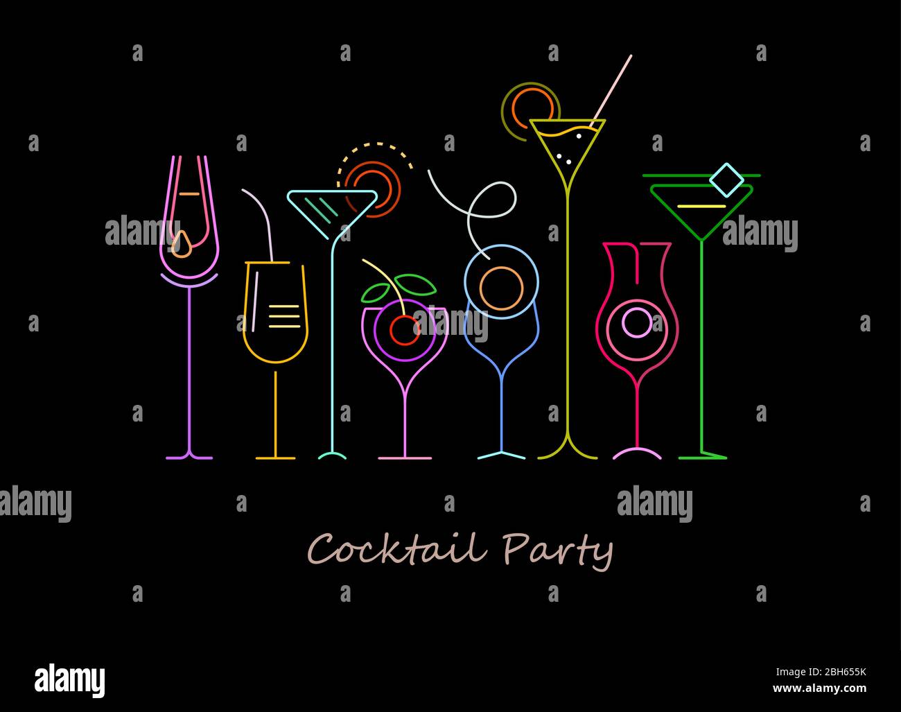 Colori al neon isolati su sfondo nero cocktail illustrazione vettoriale. Una fila di otto diversi bicchieri da cocktail. Illustrazione Vettoriale