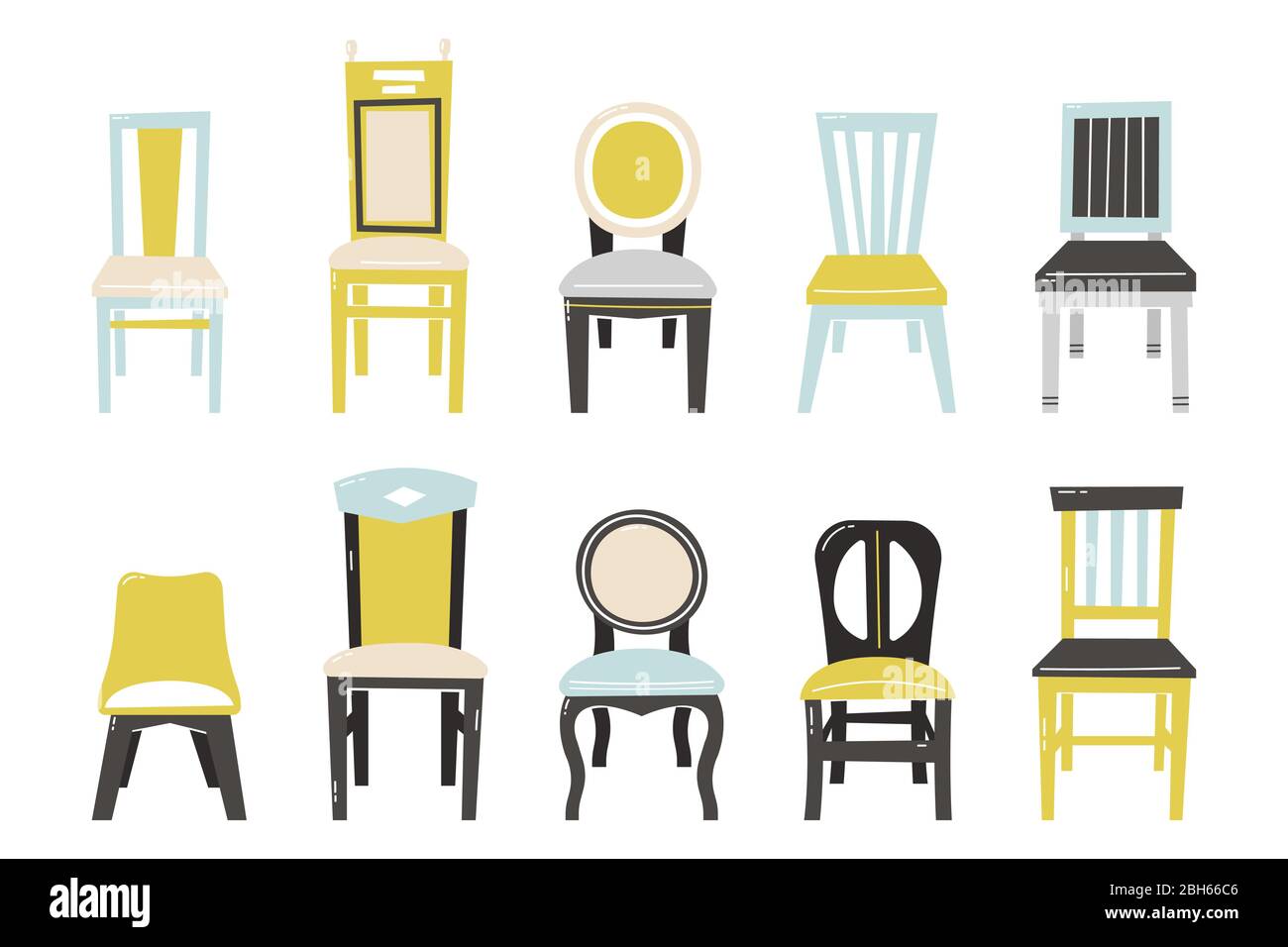 Vettore set sedia. Sedie da scrivania Mobili. Tipi diversi. Elemento di design del sedile interno. Illustrazione isolata. Illustrazione Vettoriale