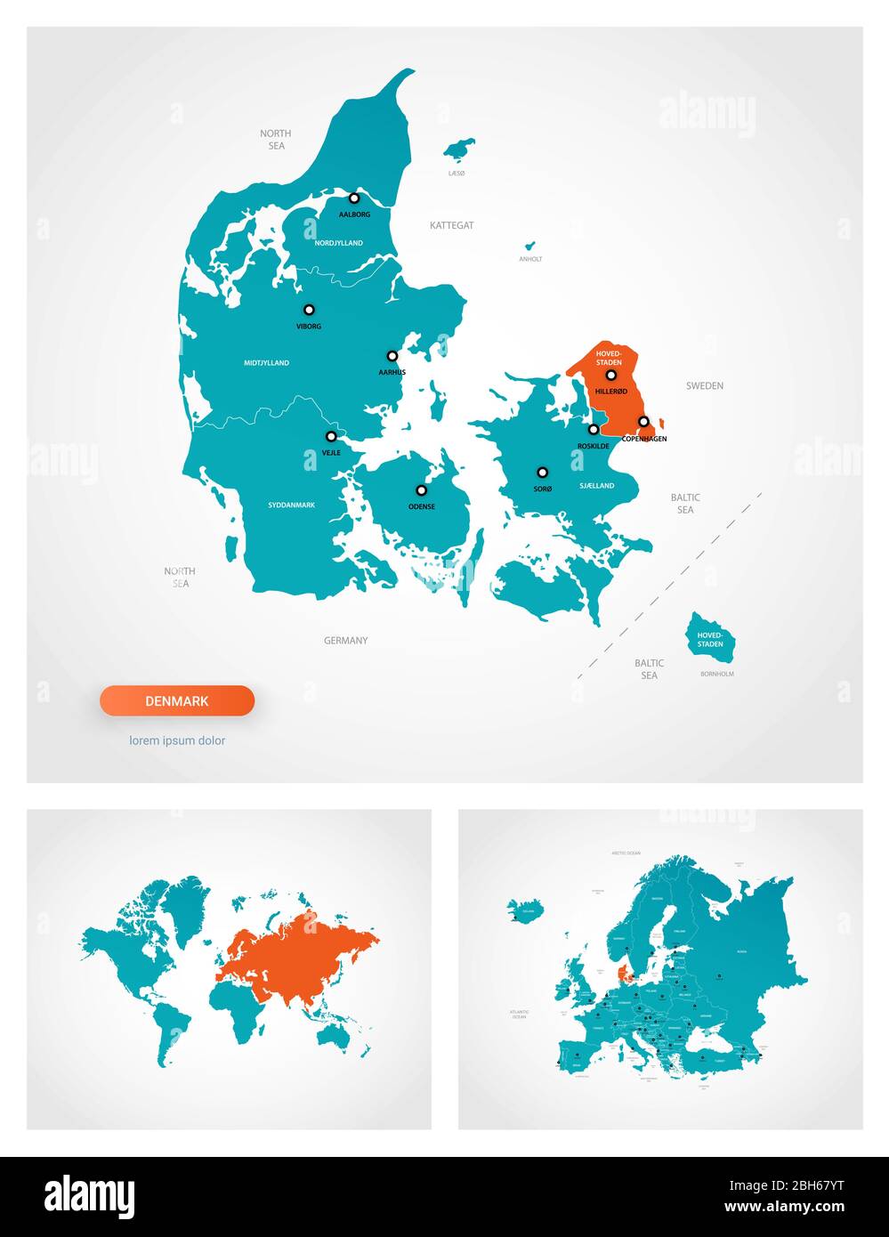 Modello modificabile di mappa della Danimarca con marchi. La Danimarca sulla mappa del mondo e sulla mappa dell'Europa. Illustrazione Vettoriale