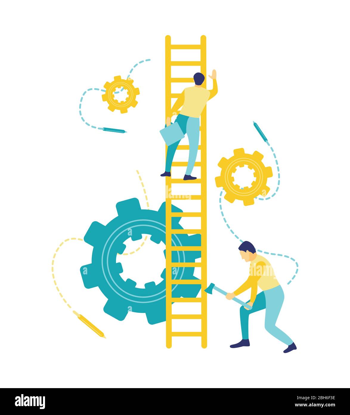 Un'illustrazione vettoriale piatta, una competizione commerciale non etica in cui uno degli uomini vuole abbattere un altro uomo in blu e giallo. L'uomo in piedi Illustrazione Vettoriale