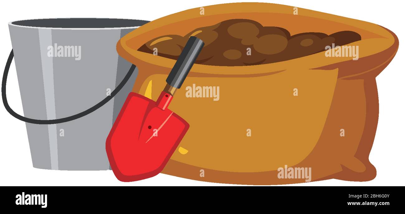 Sacchetto di suolo e secchio di metallo su sfondo bianco illustrazione Illustrazione Vettoriale