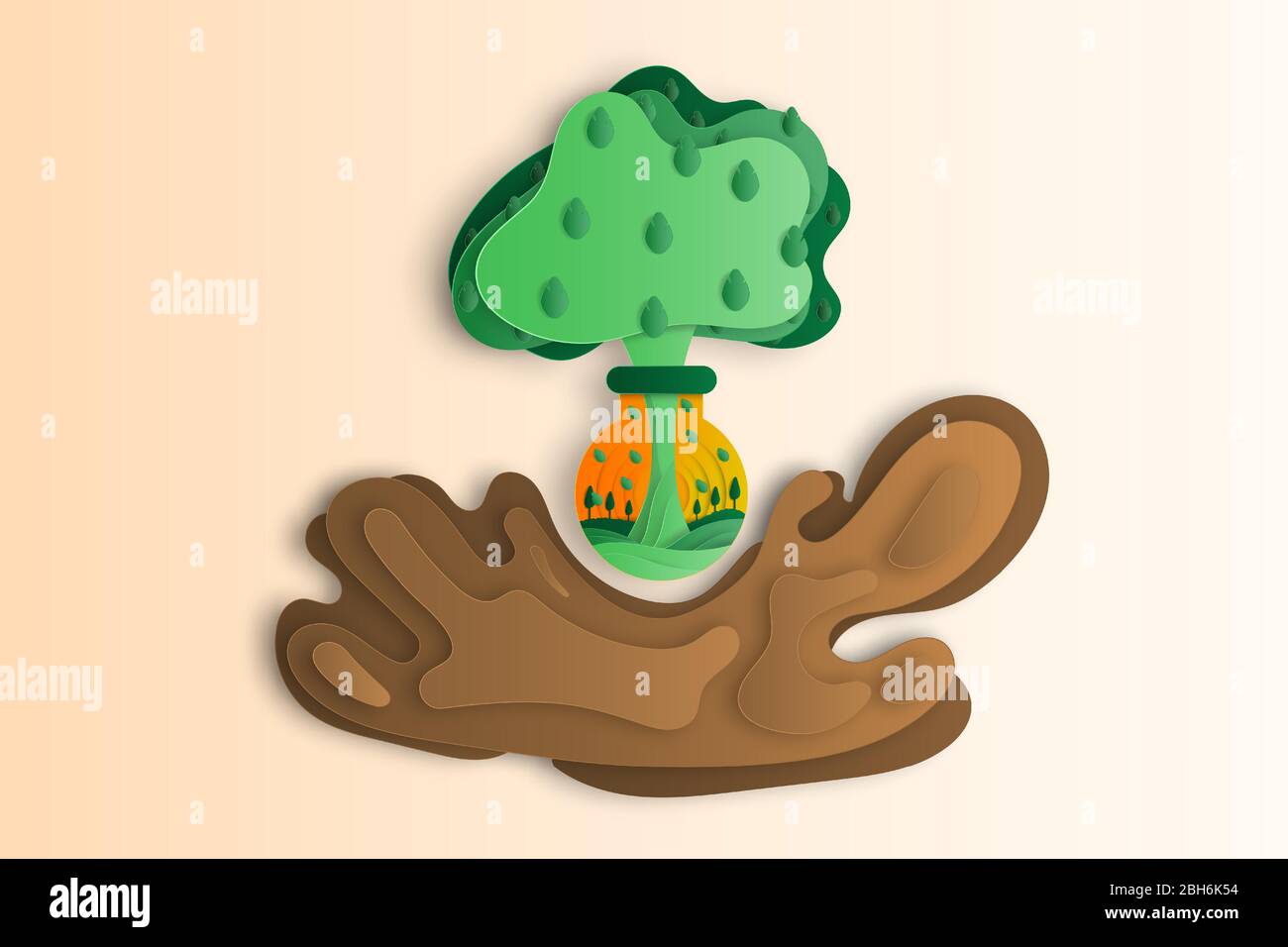 Concetto di scienza ambientale illustrazione vettoriale. Carta arte stile di spruzzare sporco con albero e campo verde in fiasca. Illustrazione Vettoriale
