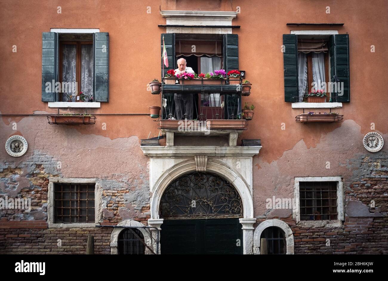 VENEZIA, ITALIA - APRILE 2020: Un uomo si prende cura dei suoi fiori durante il periodo di chiusura nazionale per la pandemia Covid-19. Foto Stock