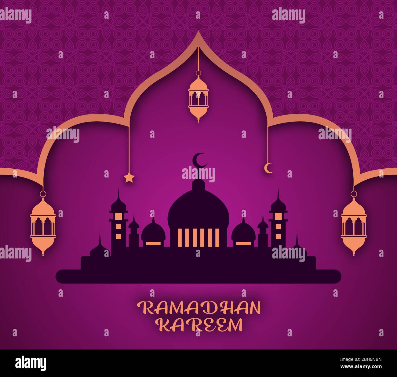 Vettore Ramadan Kareem con illustrazione della silhouette della moschea e delle lanterne appese con colori viola e arancione e motivi su di essa. Illustrazione Vettoriale