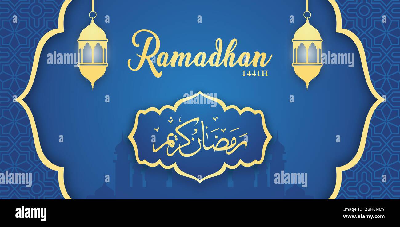 Ramadan kareem simboli sacri decorazioni vendita sfondo blu scuro poster  con stelle dorate mezzcent saluto vettore illustrazione Immagine e  Vettoriale - Alamy