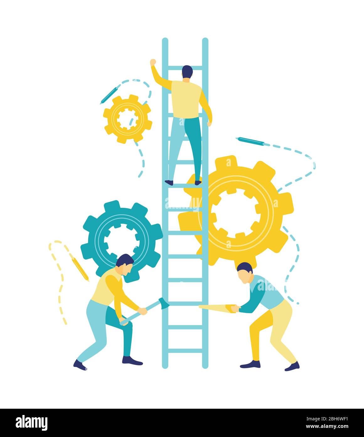 Illustrazione vettoriale piatta, concetto di business non etico tra tre uomini in blu e giallo. Due uomini che vogliono far cadere un uomo giù per la scala. Illustrazione Vettoriale