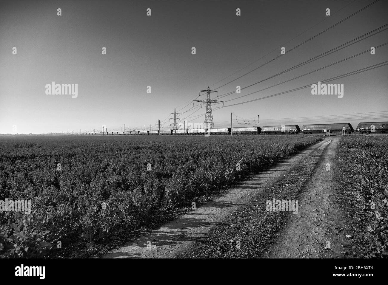 GB Railspedifire Merry andare in giro treno trasporto di carbone importato per la generazione di elettricità sulla costa orientale mainline passando i tralicci elettrici Foto Stock