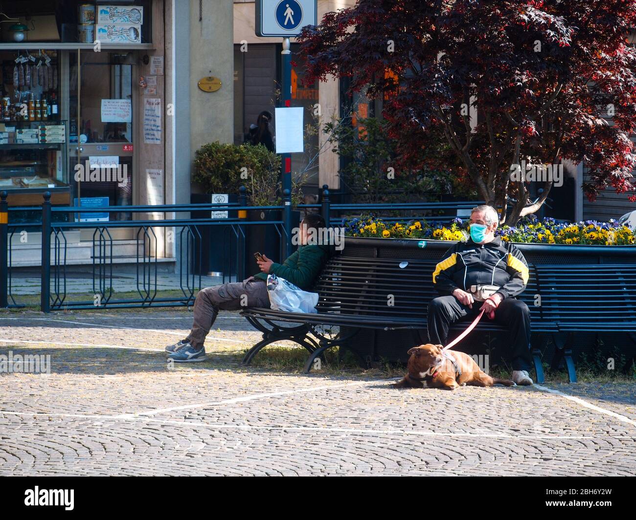 Cremona, Lombardia, Italia - 24 Aprile 20 2020 - persone a piedi, in bicicletta e in dogwalking in centro, vita quotidiana della città durante il coronavirus città di blocco Foto Stock