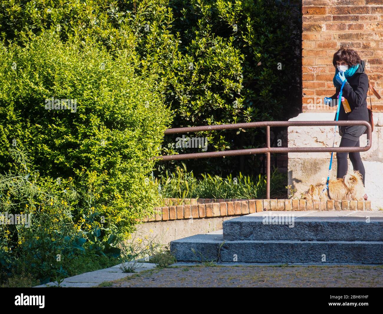 Cremona, Lombardia, Italia - 24 Aprile 20 2020 - persone a piedi, in bicicletta e in dogwalking in centro, vita quotidiana della città durante il coronavirus città di blocco Foto Stock