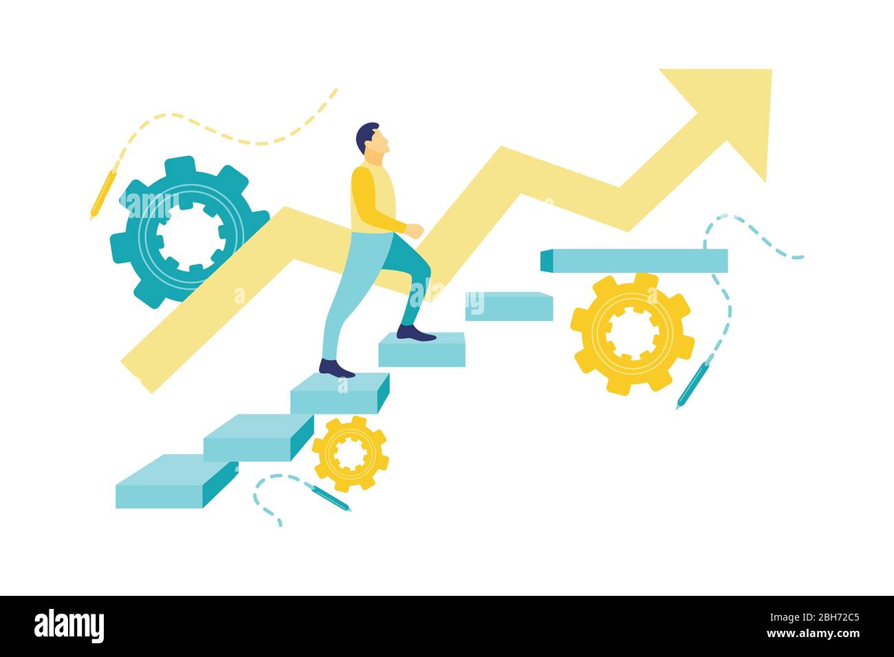 Illustrazione vettoriale piatta di un concetto di business, uomo d'affari su scale di cemento con schizzo di business. Concetto di finanza e crescita. Illustrazione Vettoriale