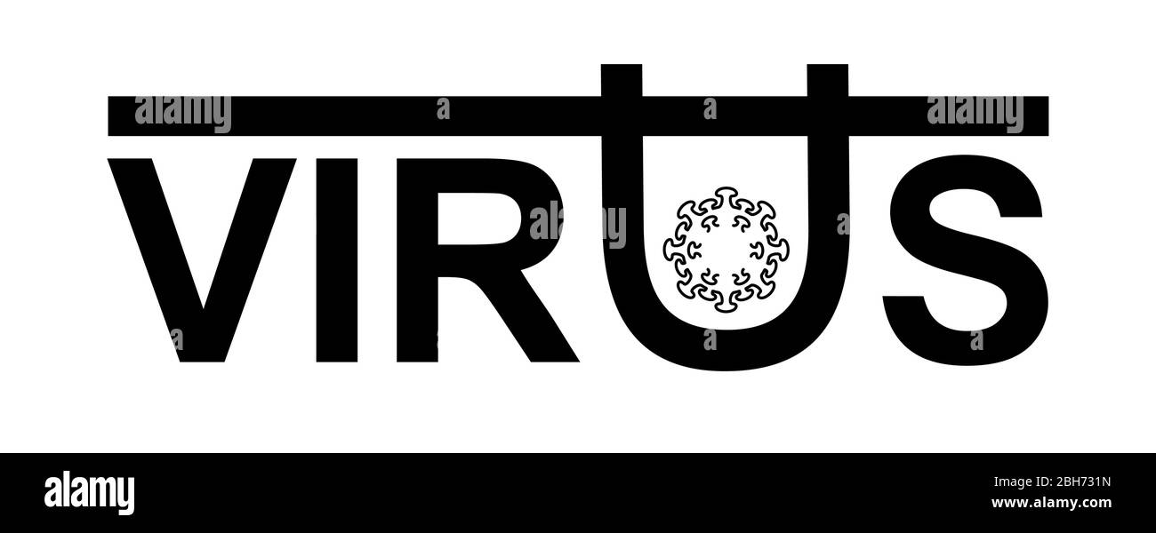 La parola virus con una lettera stilizzata U, in cui il virus è chiuso. Vittoria sul coronavirus, sbarazzandosi della malattia. Moderna immagine vettoriale piatta Illustrazione Vettoriale