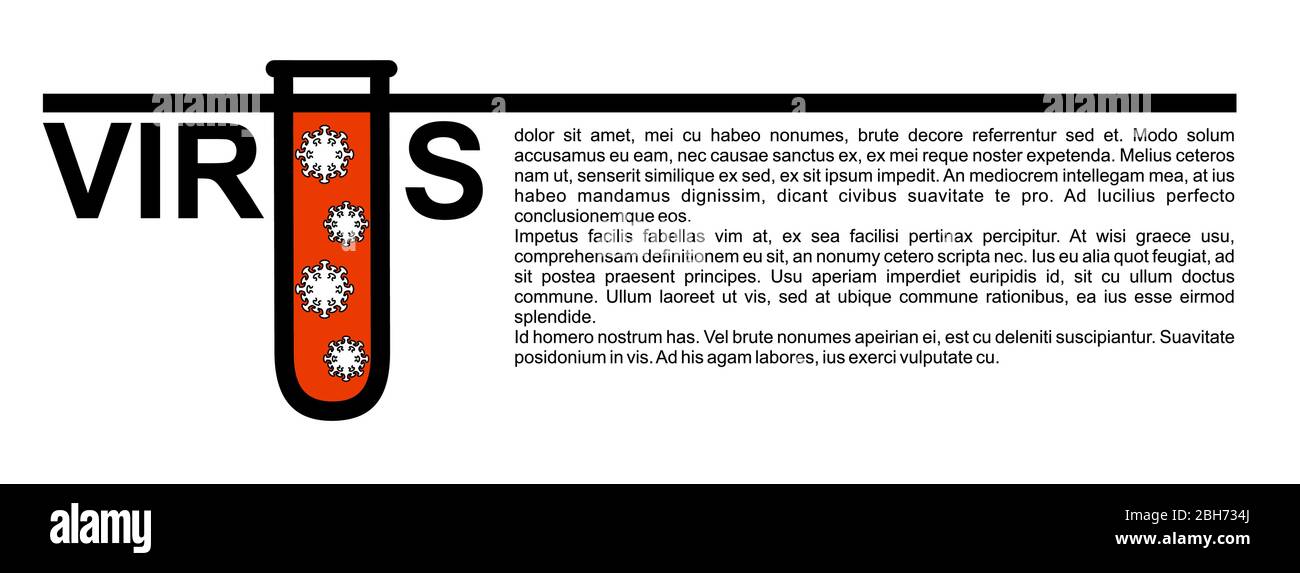 La parola virus con una lettera stilizzata U sotto forma di provetta in cui il virus è chiuso. Illustrazione per un articolo su coronavirus, malattie Illustrazione Vettoriale