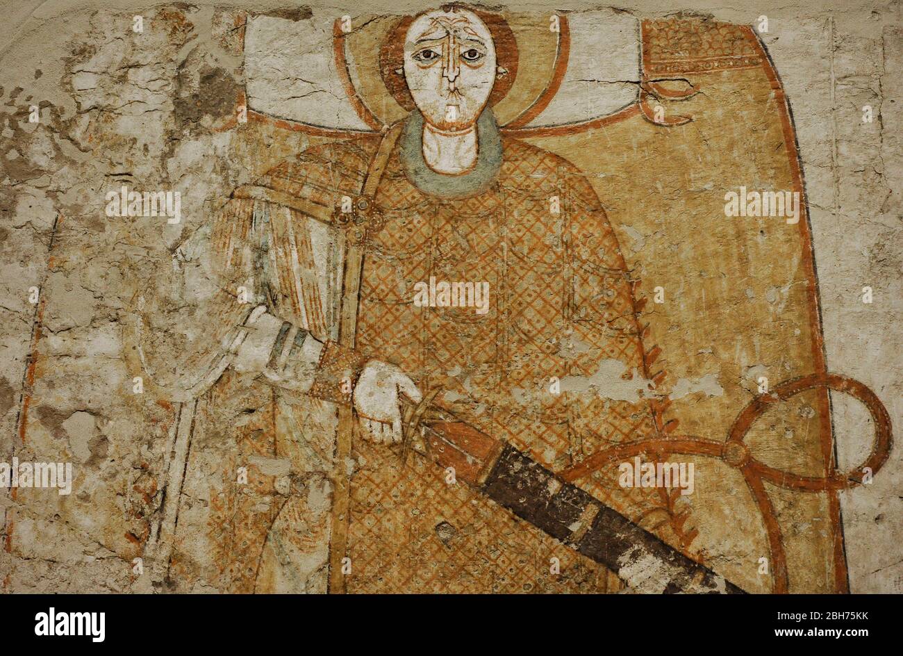 Affresco raffigurante un arcangelo con spada. Dettaglio. Portico dell'ingresso sud. Cattedrale di Faras. xii-xiii secolo. Faras Gallery. Museo Nazionale. Varsavia. Polonia. Foto Stock