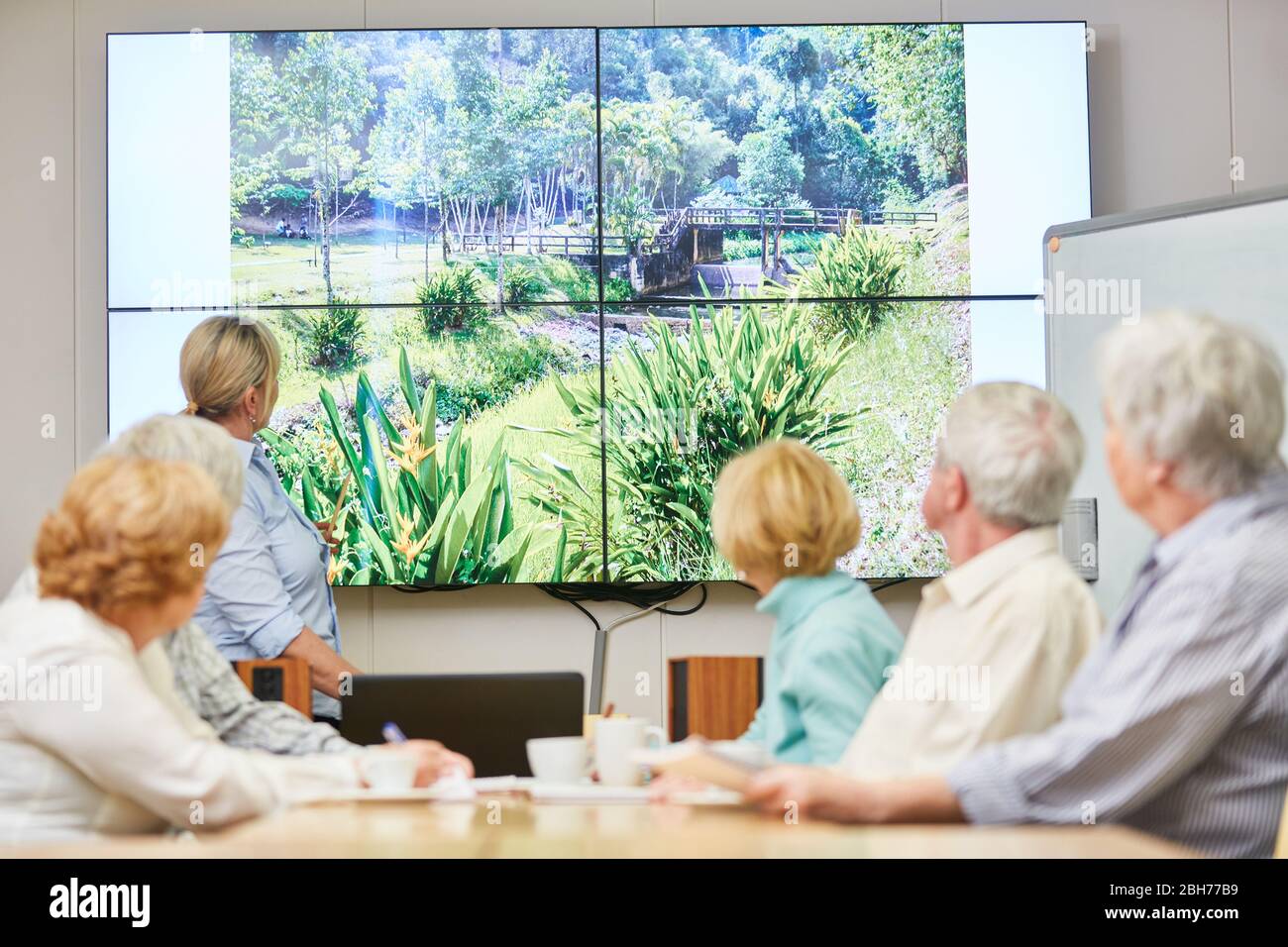 Anziani e relatori in un seminario sull'ecologia nell'educazione degli adulti Foto Stock