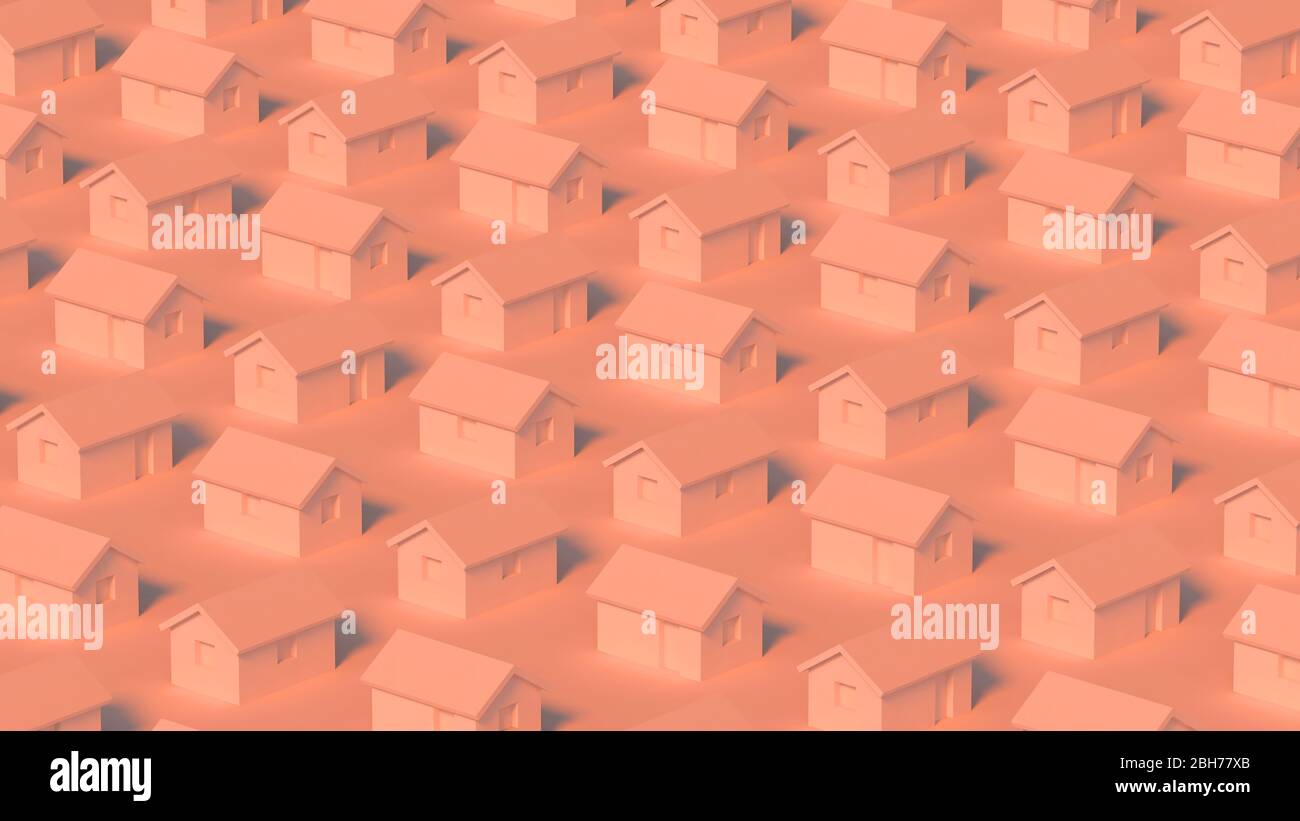 Blocco di piccole case rurali semplici, blocco di città astratta rappresentazione cgi, rappresentazione 3d illustrazione Foto Stock