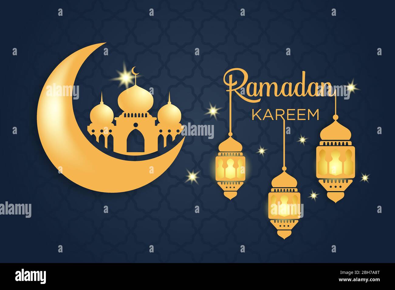 Ramadan Kareem, design islamico, luna mezzaluna e silhouette moschea gialla, tre lanterne luminose appese, su sfondo blu e motivo. Illustrazione Vettoriale