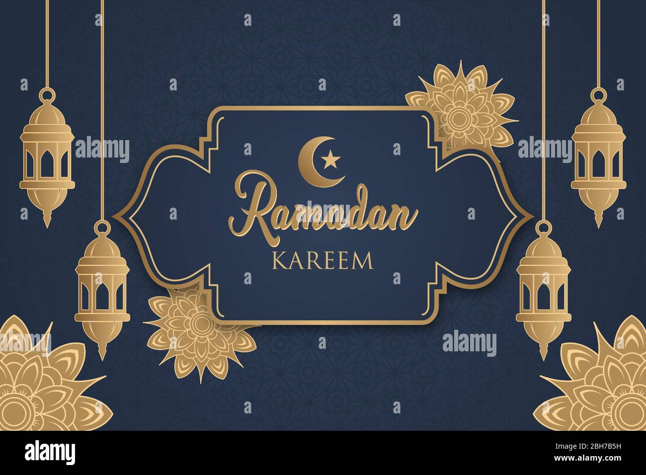 Bella Ramadan Kareem biglietti d'auguri disegni, con una luna crescente e lanterne che appendono marrone e ornamento floreale, su uno sfondo blu. Illustrazione Vettoriale