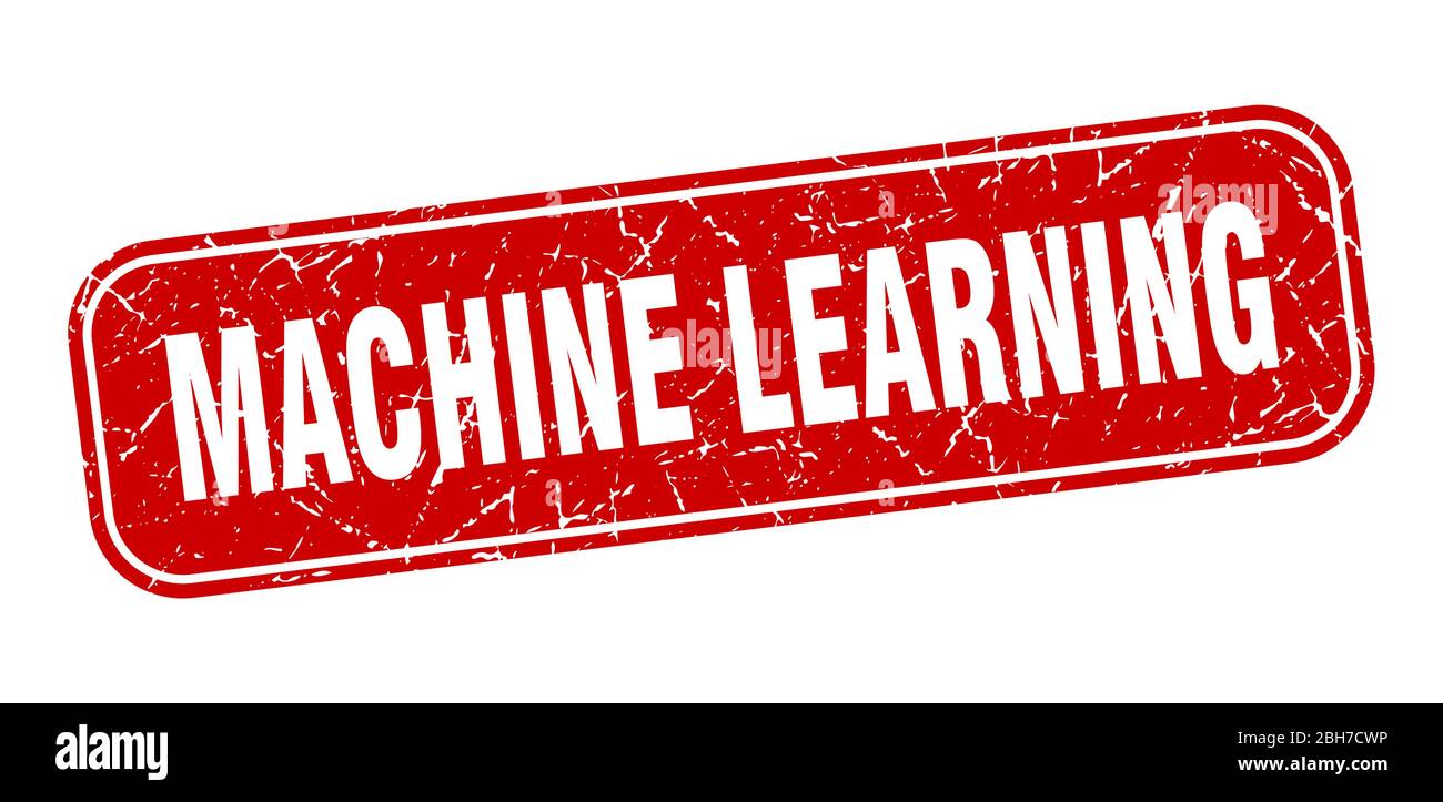 timbro di apprendimento automatico. apprendimento automatico quadrato segno rosso grungo Illustrazione Vettoriale
