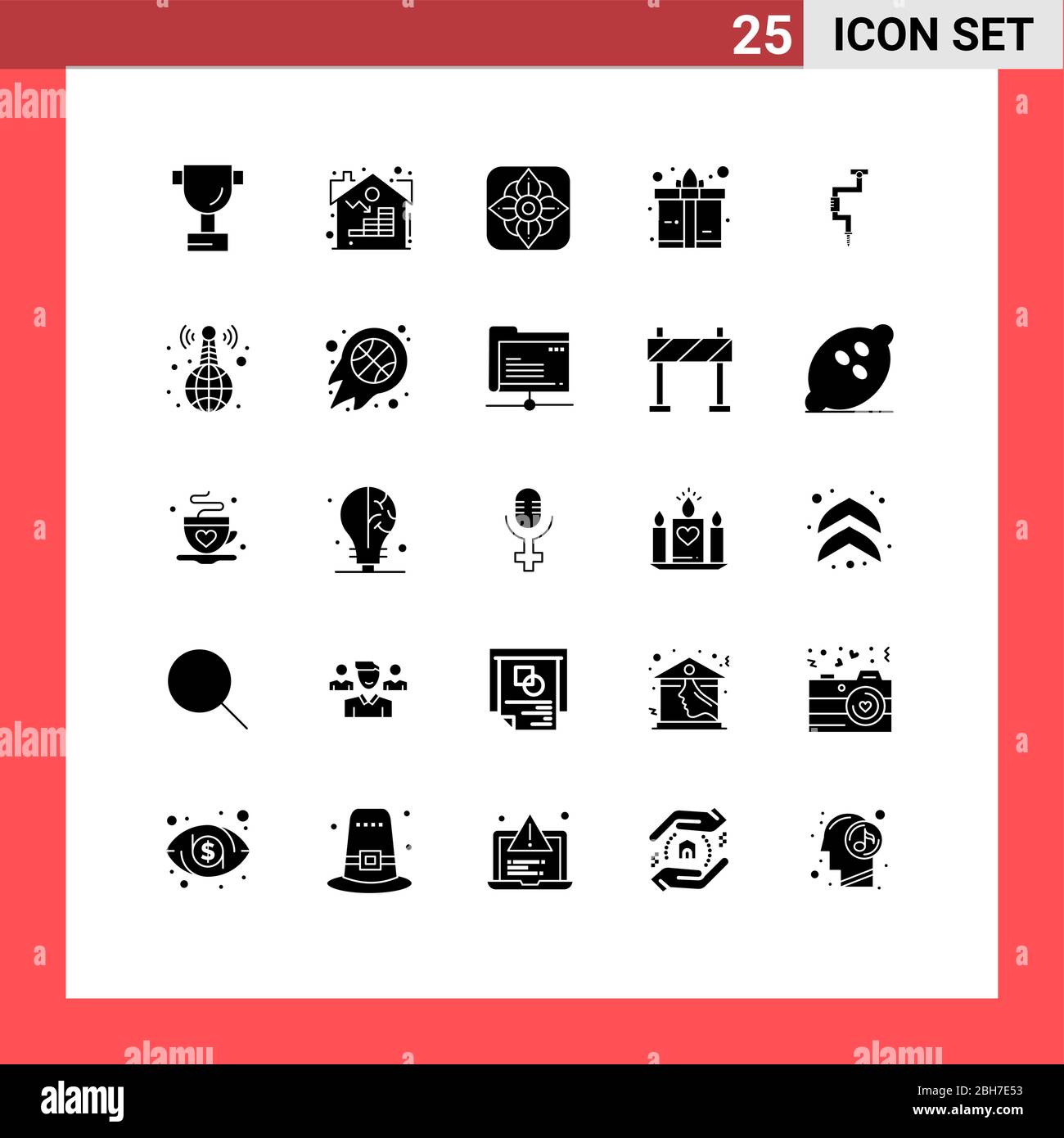 Confezione da 25 simboli e simboli solidi moderni per Web Print Media, come strumenti, natura, strumenti, elementi di progettazione vettoriale per la perforazione Illustrazione Vettoriale