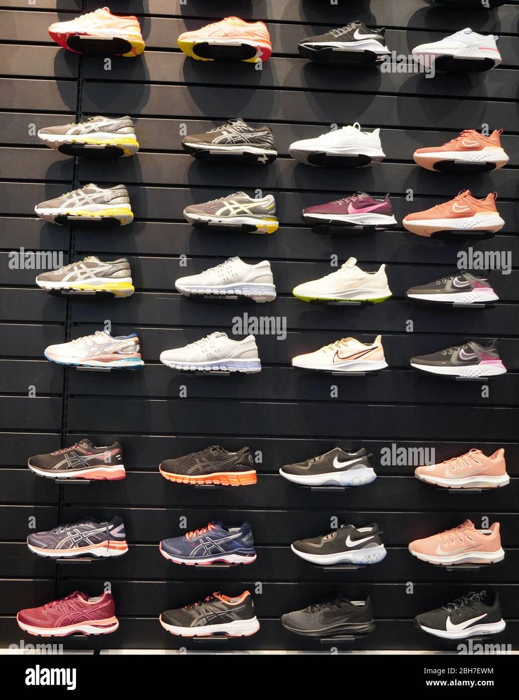 Acquista un'esposizione di numerose scarpe sportive a parete. Una vista di un muro di scarpe all'interno del negozio. Scarpe da running nuove ed eleganti e moderne per uomo e donna Foto Stock