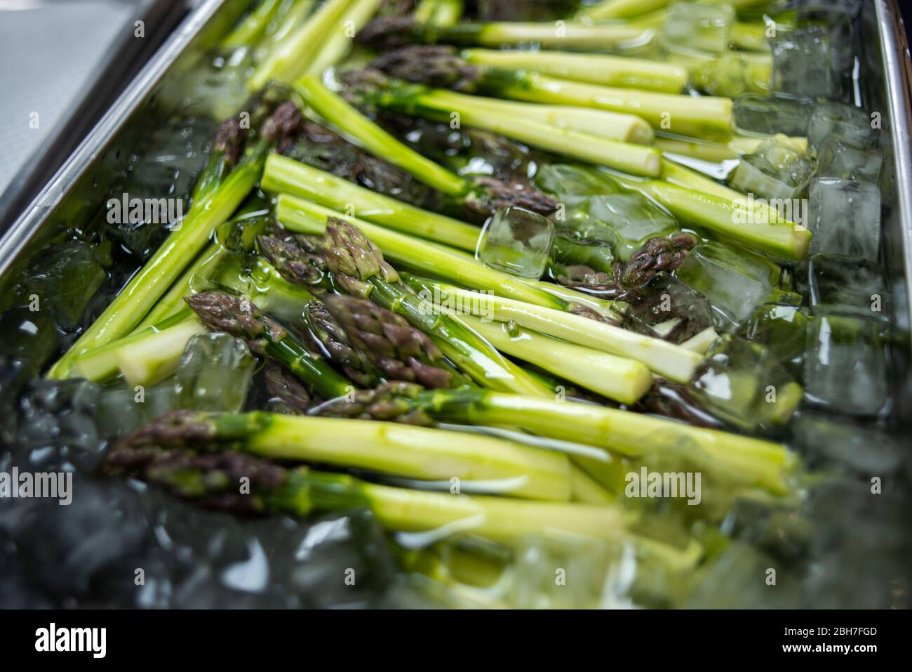 Gli asparagi freschi vengono tenuti in un bagno di ghiaccio per mantenere la freschezza prima di essere sbiancati Foto Stock