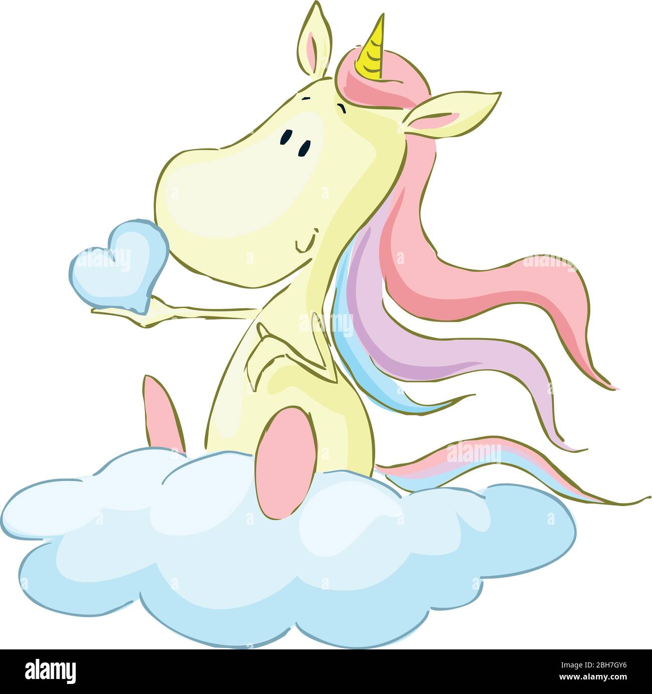 Unicorn carino seduto su nuvola, tenendo il cuore da Glouds - Illustrazione vettoriale Illustrazione Vettoriale