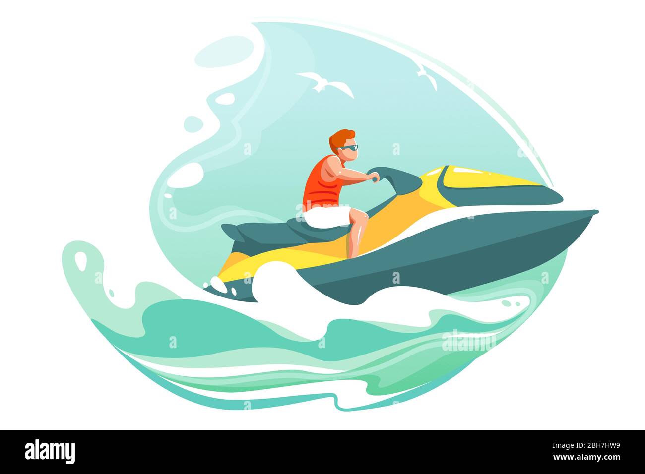 Uomo corsa jetski in mare poster vettore. Aquabike sull'illustrazione delle onde dell'oceano. Estate cartoon paesaggio con carattere in occhiali da sole su scooter d'acqua. Banner sport acquatici estremi. Sfondo isolato da onde. Illustrazione Vettoriale