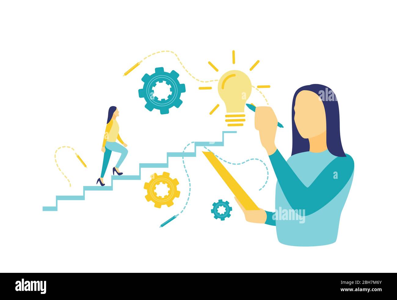Illustrazione vettoriale piatta, donna commerciale schizzi innovazioni in blu e giallo. Il concetto di gestione e innovazione. Illustrazione Vettoriale