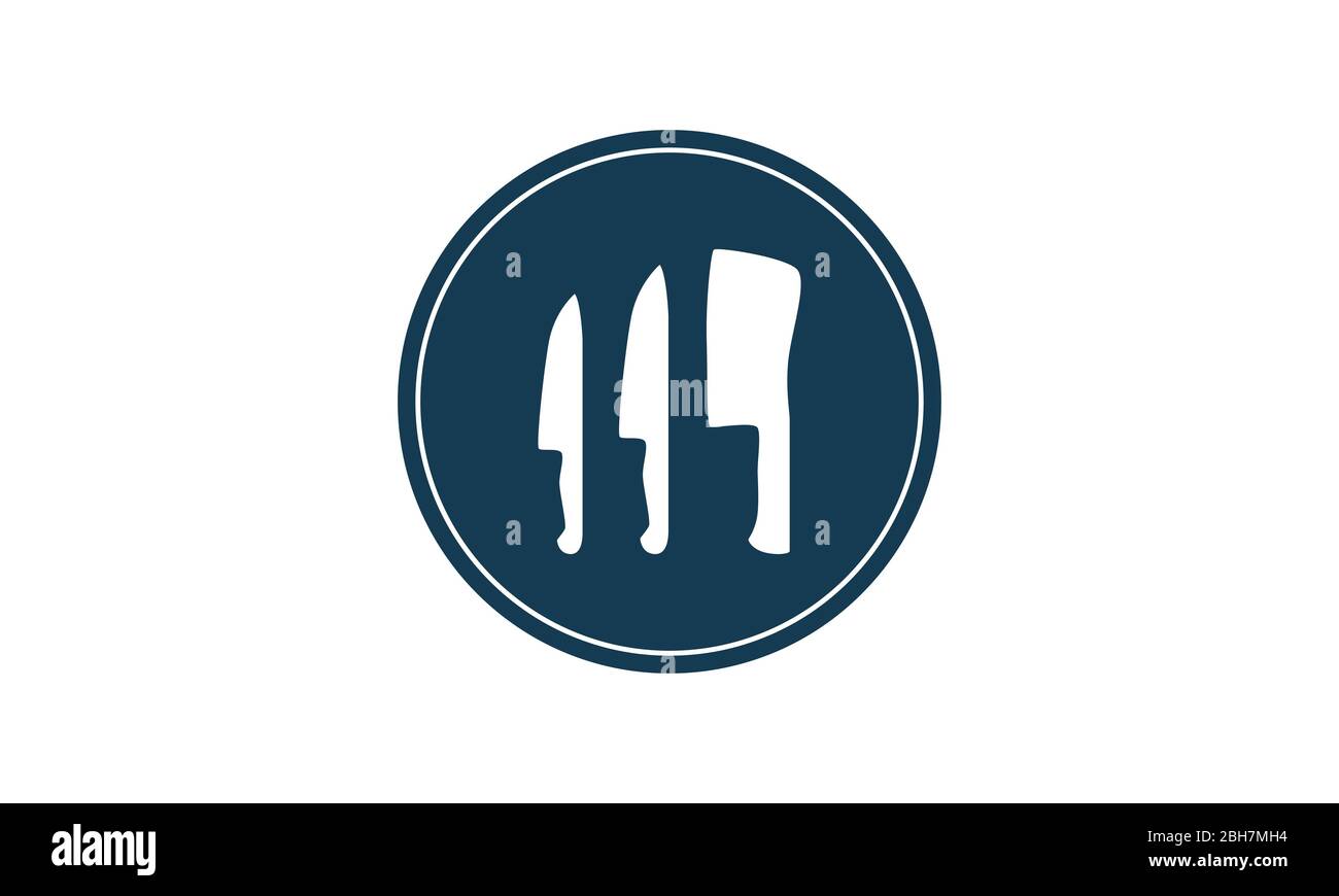 Vettore con cerchio blu scuro piatto con intaglio circolare e tagli a forma di due coltelli e un cliver. Icon è ottimo per il ristorante. Illustrazione Vettoriale