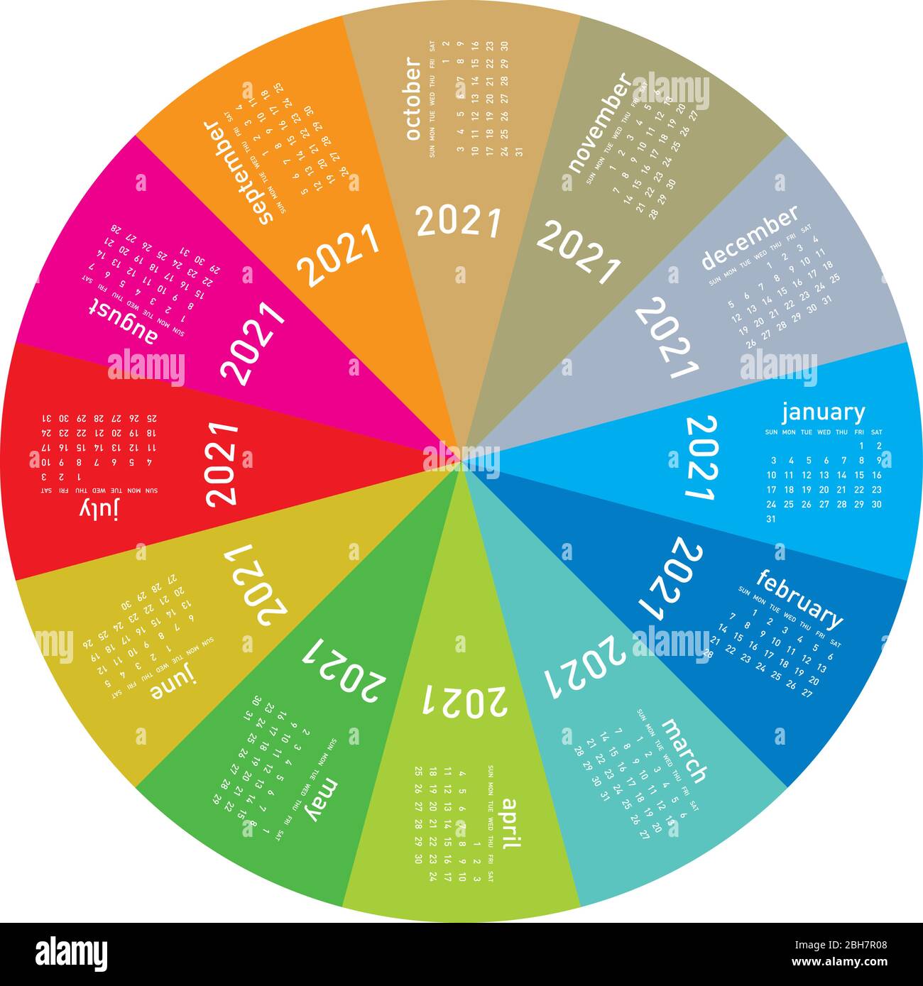 Calendario colorato per il 2021. Design circolare. In formato vettoriale Illustrazione Vettoriale