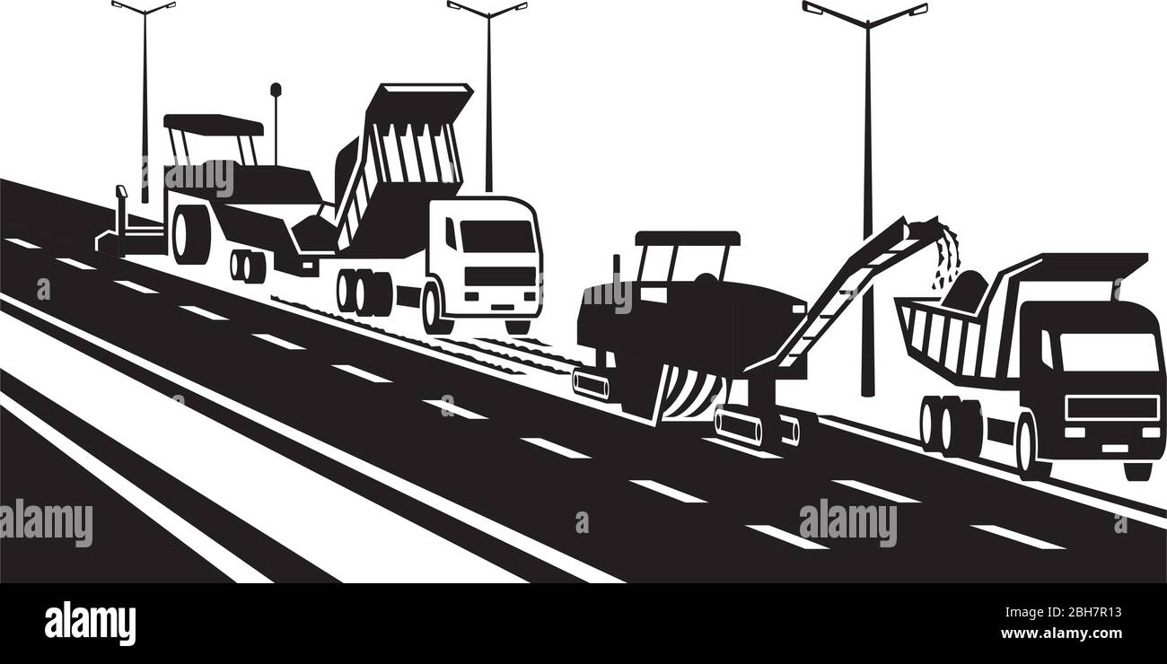 Sostituzione della pavimentazione asfaltata in autostrada – illustrazione vettoriale Illustrazione Vettoriale