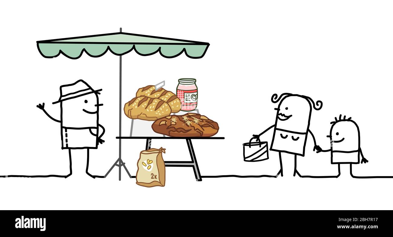 produttore di cartoni animati disegnati a mano che vende pane biologico in un negozio di mercato Illustrazione Vettoriale