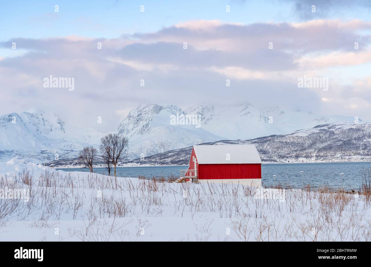 Paesaggio invernale all'alba polare sull'isola di Kvaløya e fiordo vicino a Tromso, Norvegia settentrionale Foto Stock
