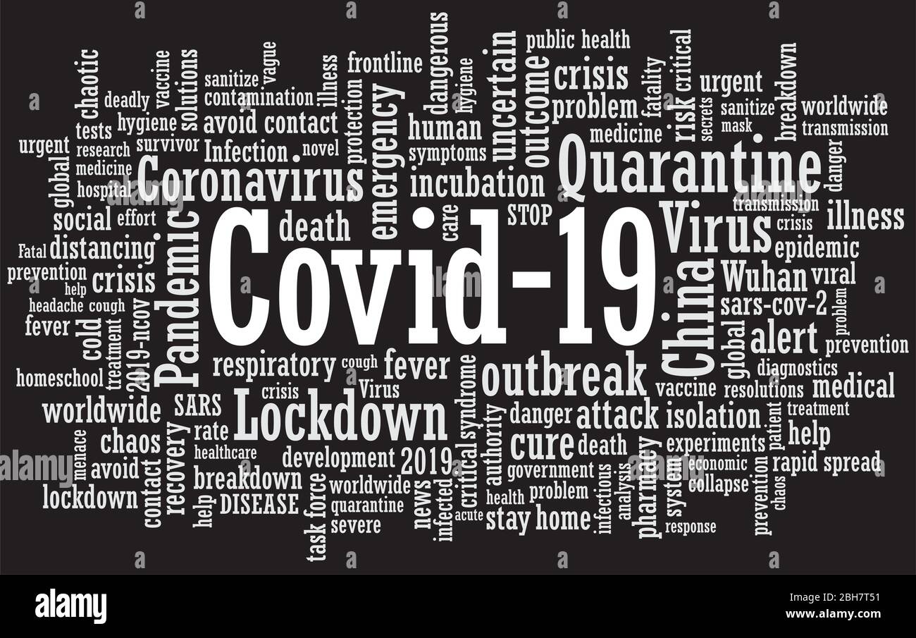 Coronavirus covid-19 word cloud tag web banner design sfondo in formato vettoriale Illustrazione Vettoriale