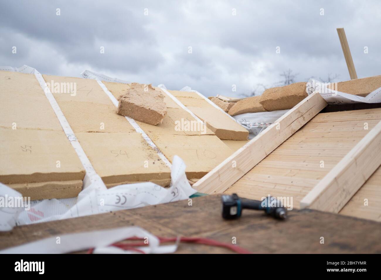 21.02.2020, Berlino, Berlino, Germania - isolamento di un tetto con isolamento in lana di legno. 0MK200221D033CAROEX.JPG [VERSIONE MODELLO: NO, VERSIONE PROPRIETÀ: NO Foto Stock