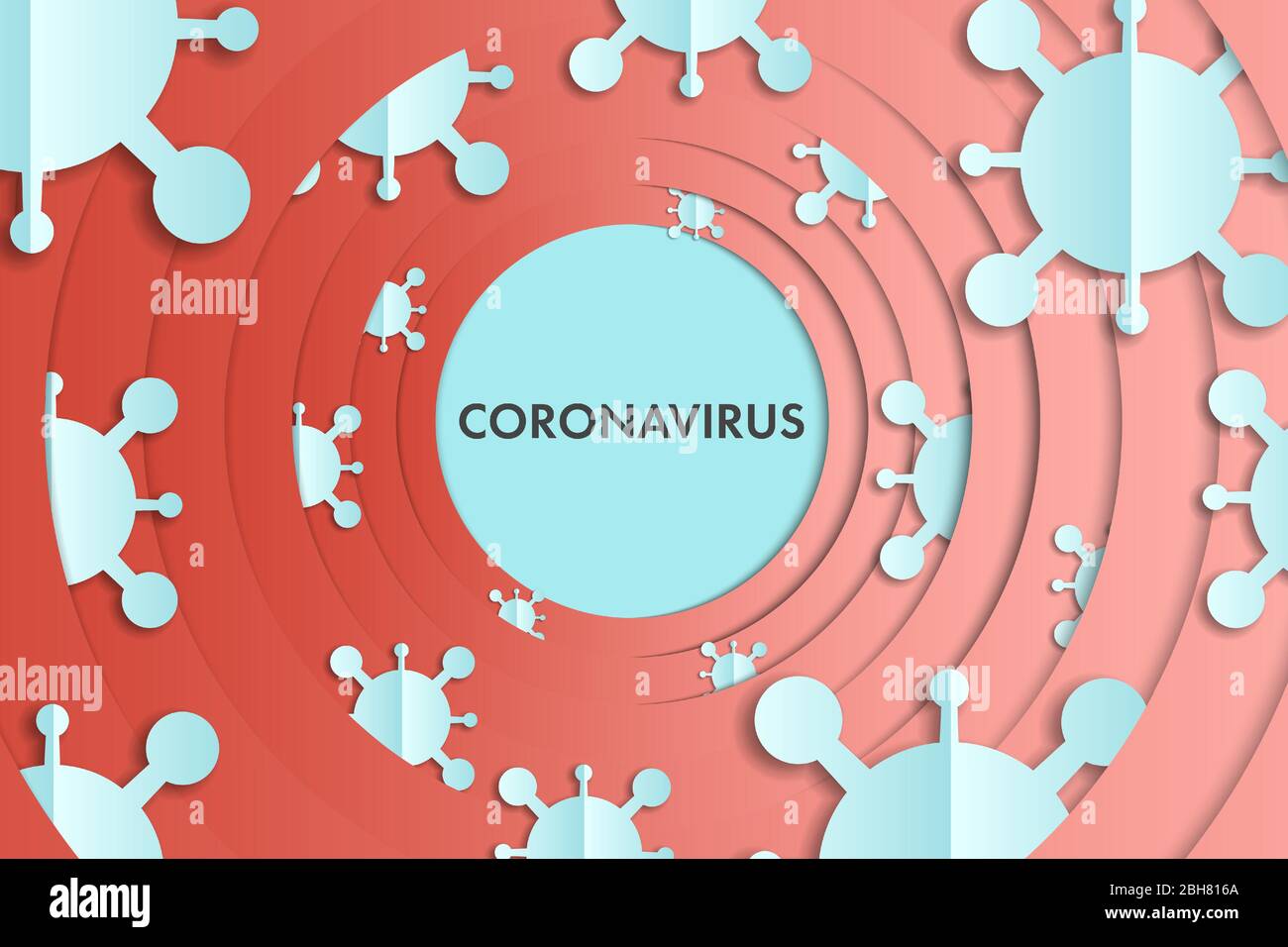 Stile arte strato di carta di coronavirus azzurro e sfondo rosso cerchio modello. Illustrazione Vettoriale
