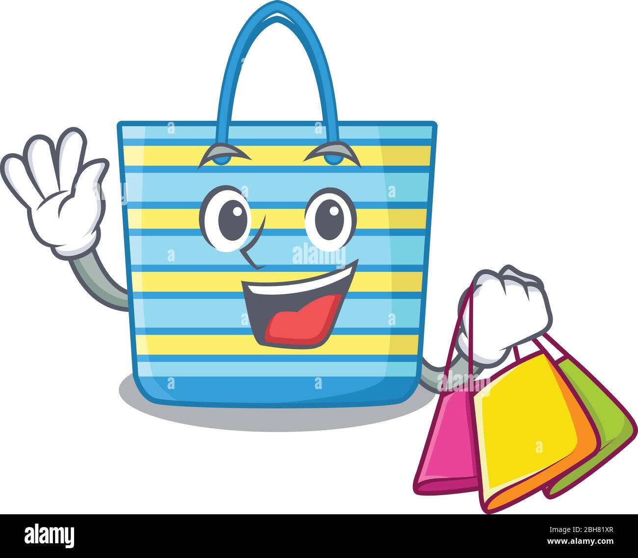 Ricco e famoso Beach bag personaggio cartoon tenendo borse per lo shopping Illustrazione Vettoriale