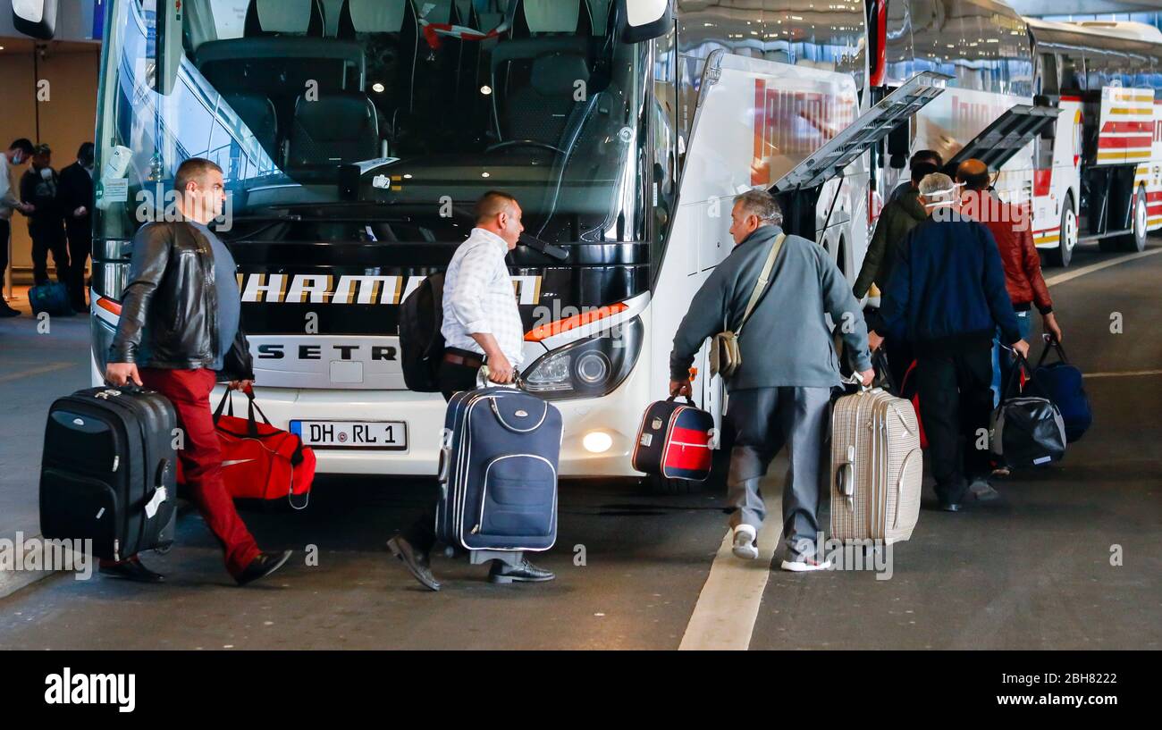 09.04.2020, Duesseldorf, Renania settentrionale-Vestfalia, Germania - lavoratori stagionali atterrano all'aeroporto di Duesseldorf con aerei speciali dalla Romania, autobus portare Foto Stock