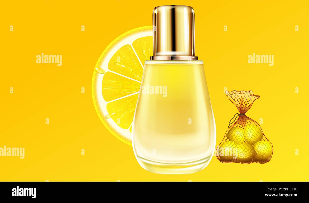 mock su illustrazione di piccolo profumo di bottiglia di vetro composto da estratti di limone Illustrazione Vettoriale