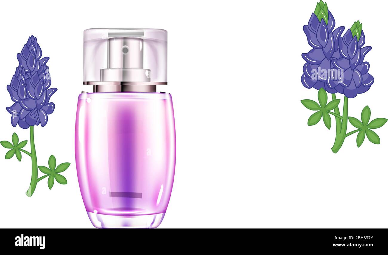 mock su illustrazione di profumo di estratto di lavanda su sfondo fiore Illustrazione Vettoriale