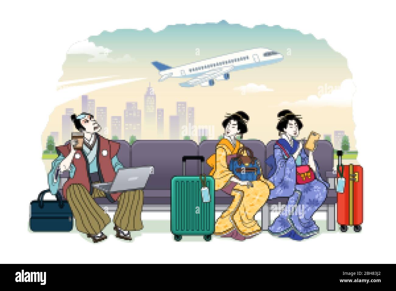Persone in stile ukiyo-e che aspettano il loro volo al terminal Illustrazione Vettoriale