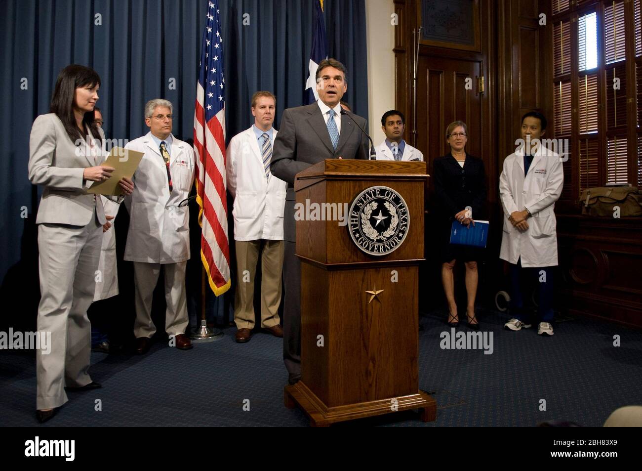 Austin Texas USA, 18 2009 agosto: Il governatore del Texas Rick Perry parla a una conferenza stampa che annuncia i risultati di uno studio della Texas Public Policy Foundation sulla riforma sanitaria. ©Marjorie Kamys Cotera/Bob Daemmrich Photography Foto Stock