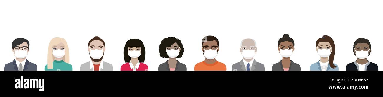 Banner di persone multirazziali che indossano maschere ppe per la protezione del coronavirus covid-19 un team di diversità di uomini e donne Illustrazione Vettoriale